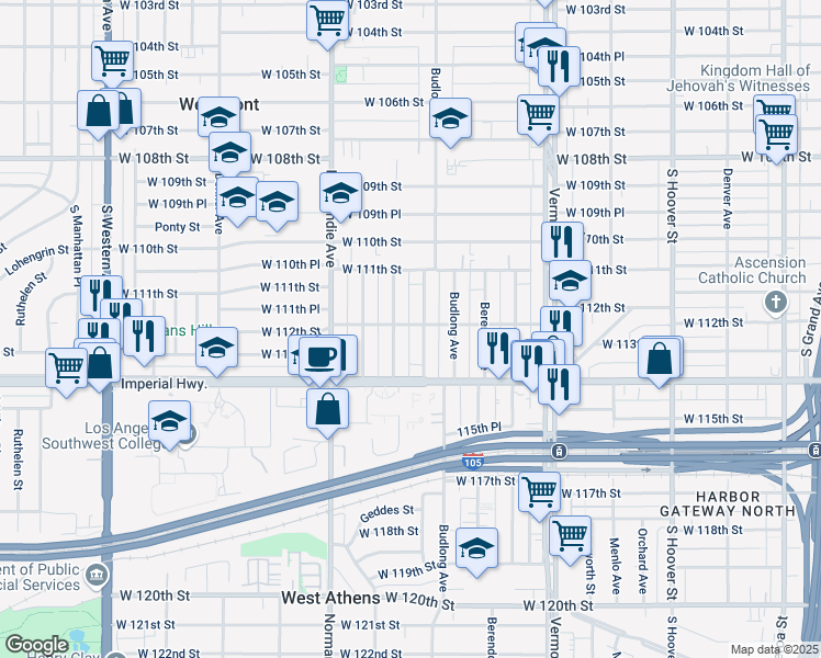 map of restaurants, bars, coffee shops, grocery stores, and more near 1260 West 112th Street in Los Angeles