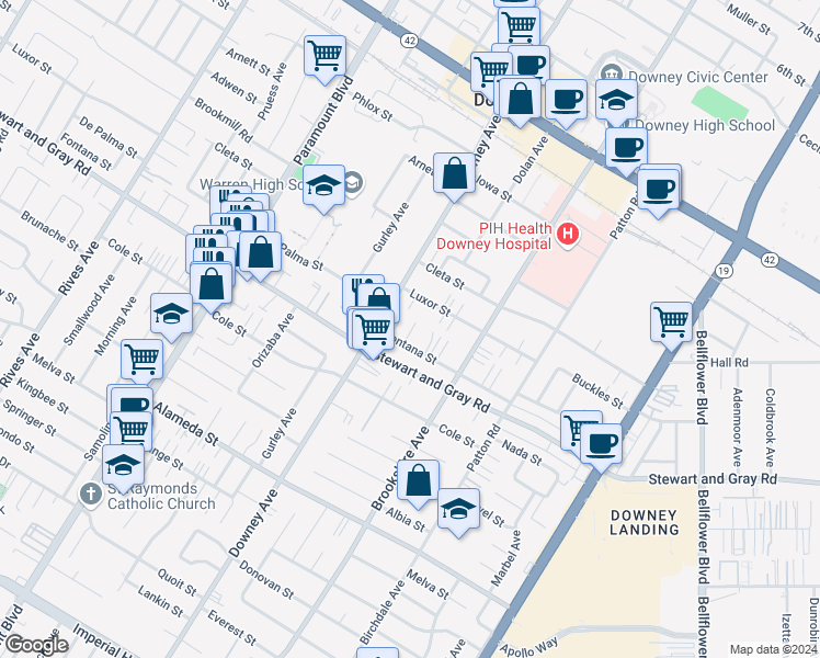 map of restaurants, bars, coffee shops, grocery stores, and more near 8333 1/2 Fontana Street in Downey