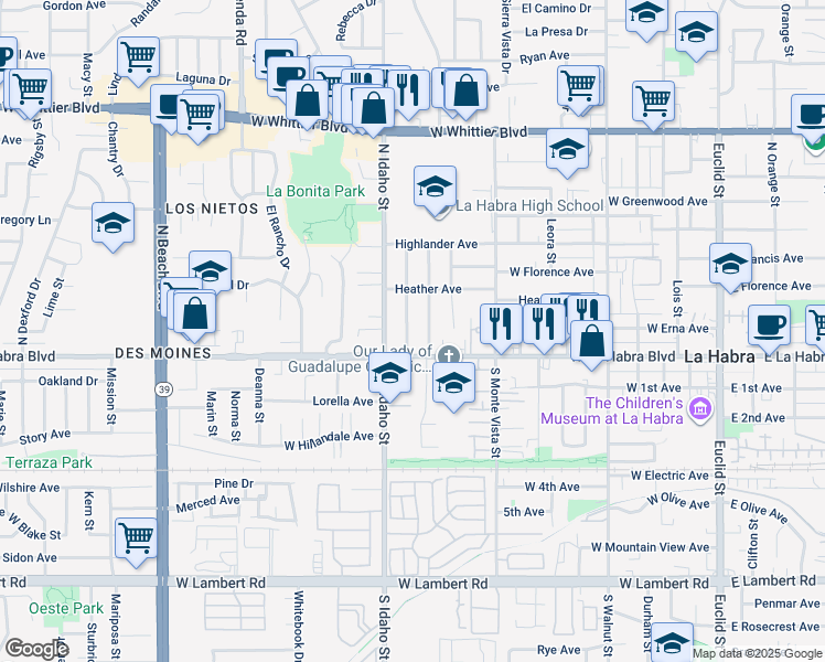 map of restaurants, bars, coffee shops, grocery stores, and more near 140 Virginia Street in La Habra