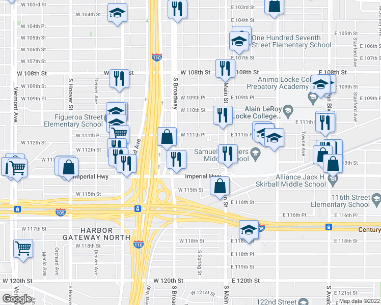map of restaurants, bars, coffee shops, grocery stores, and more near 220 West 112th Street in Los Angeles