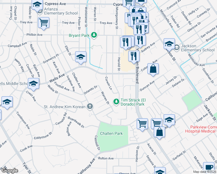 map of restaurants, bars, coffee shops, grocery stores, and more near 4826 Corwin Lane in Riverside