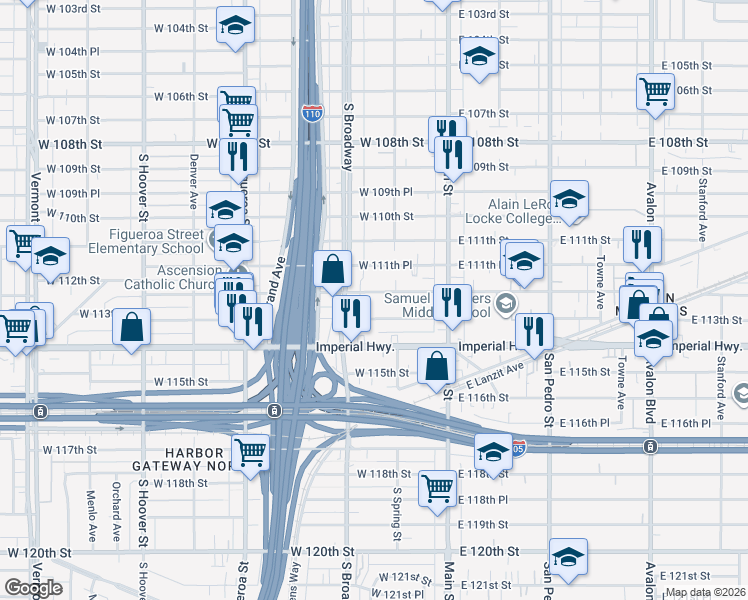 map of restaurants, bars, coffee shops, grocery stores, and more near 207 West 112th Street in Los Angeles