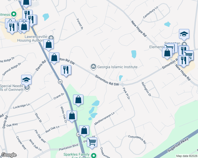 map of restaurants, bars, coffee shops, grocery stores, and more near 201 3 Oaks Drive in Lawrenceville