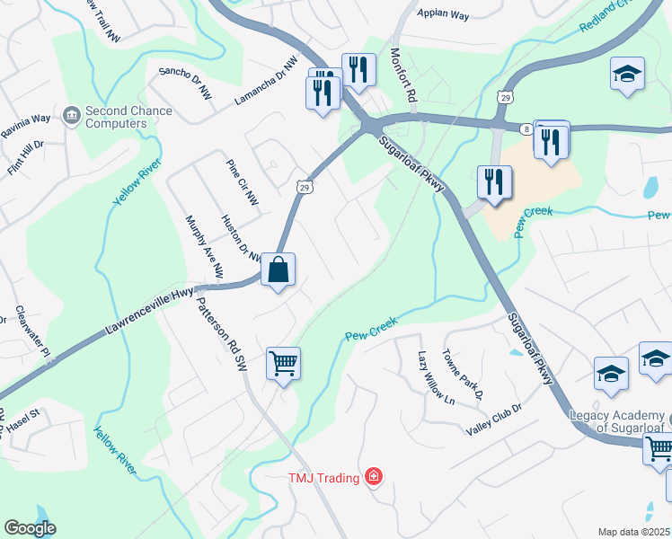 map of restaurants, bars, coffee shops, grocery stores, and more near 75 Davis Mill Court in Lawrenceville