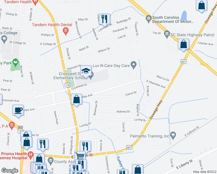 map of restaurants, bars, coffee shops, grocery stores, and more near 429 East Charlotte Avenue in Sumter