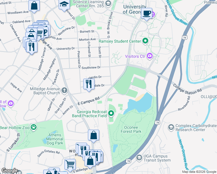map of restaurants, bars, coffee shops, grocery stores, and more near 186 Riverdale Drive in Athens