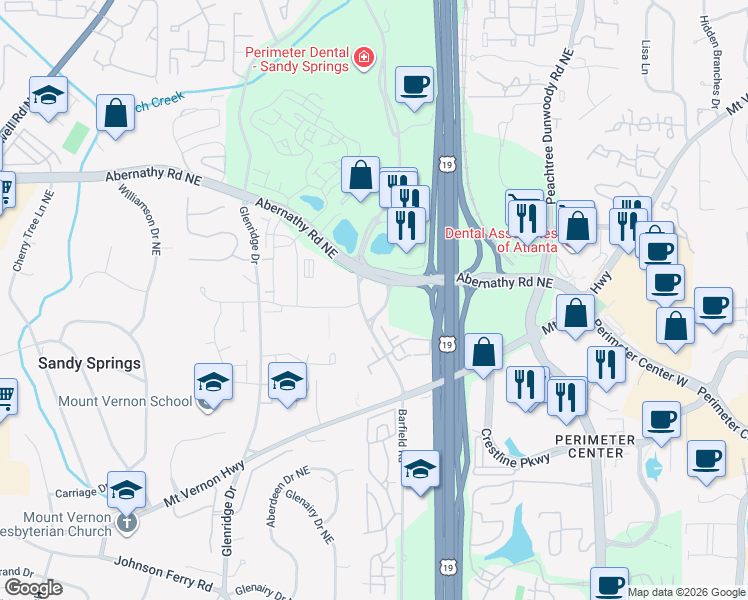 map of restaurants, bars, coffee shops, grocery stores, and more near 901 Abernathy Road Northeast in Sandy Springs