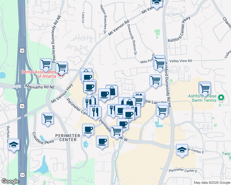 map of restaurants, bars, coffee shops, grocery stores, and more near 4636 Ridgeview Road in Atlanta