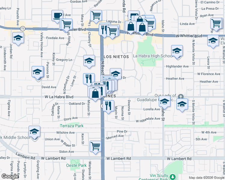 map of restaurants, bars, coffee shops, grocery stores, and more near Alta Street in La Habra