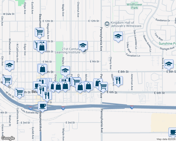 map of restaurants, bars, coffee shops, grocery stores, and more near 1030 East 8th Street in Beaumont