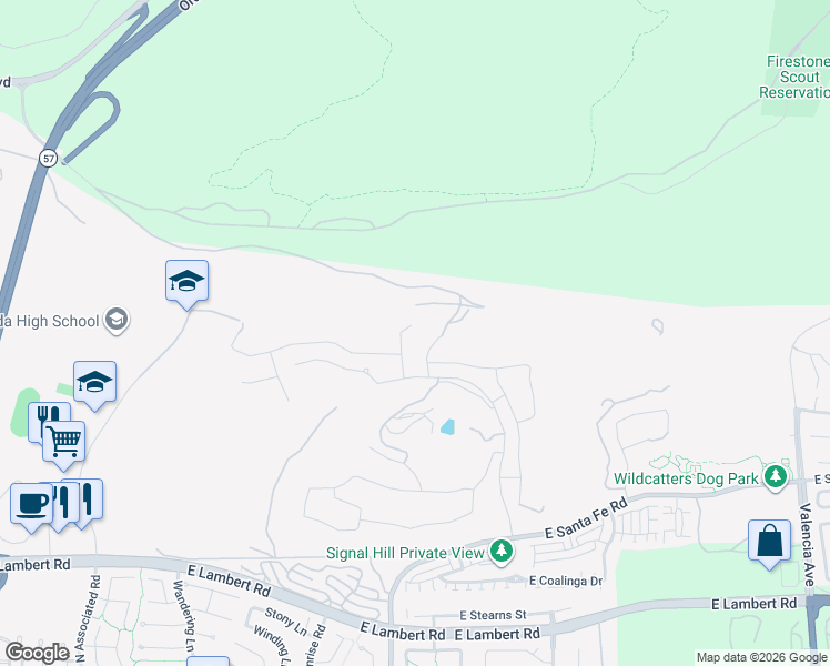 map of restaurants, bars, coffee shops, grocery stores, and more near 890 North Landa Way in Brea