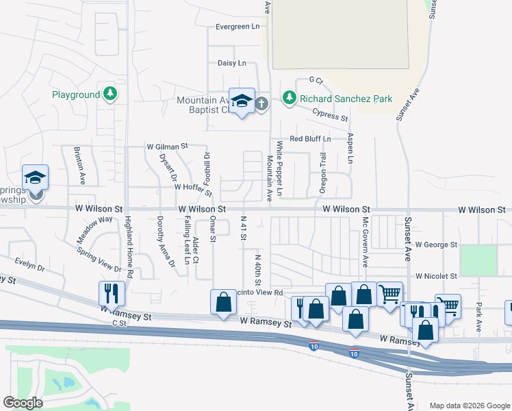 map of restaurants, bars, coffee shops, grocery stores, and more near 4133 West Wilson Street in Banning