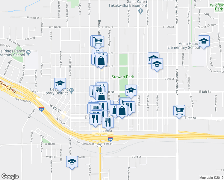 map of restaurants, bars, coffee shops, grocery stores, and more near 825 Magnolia Avenue in Beaumont