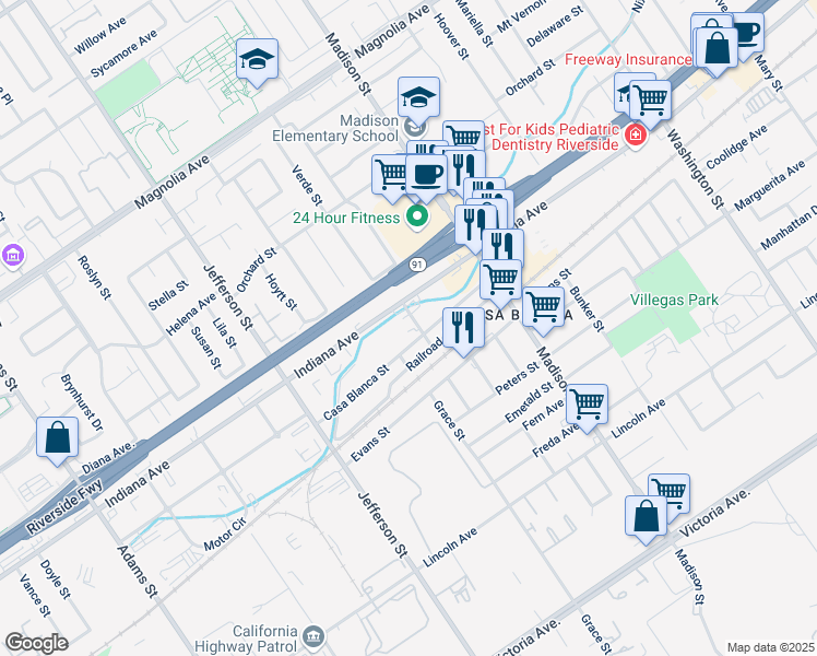 map of restaurants, bars, coffee shops, grocery stores, and more near 3375 Winstrom Street in Riverside