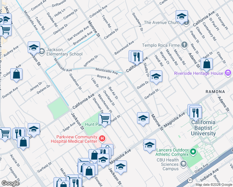 map of restaurants, bars, coffee shops, grocery stores, and more near 4145 Bel Air Street in Riverside
