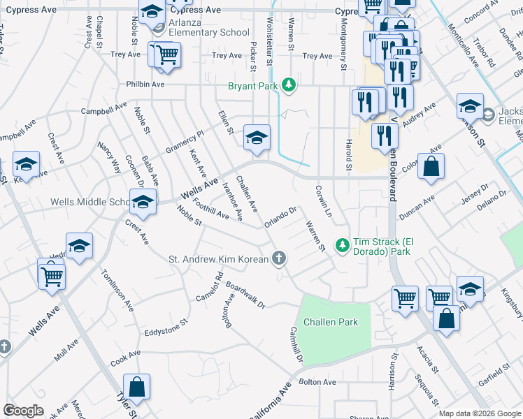 map of restaurants, bars, coffee shops, grocery stores, and more near 5077 Challen Avenue in Riverside