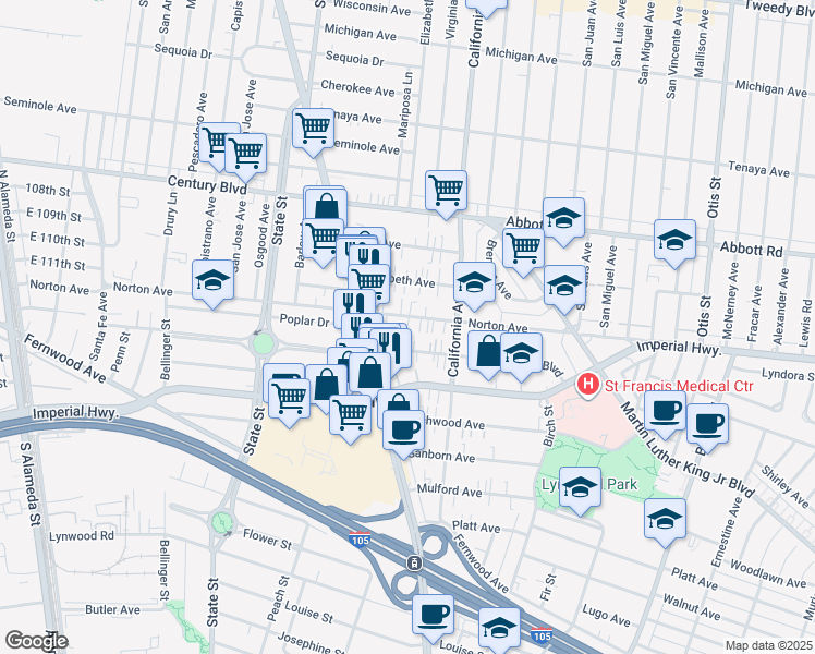 map of restaurants, bars, coffee shops, grocery stores, and more near 3354 Norton Avenue in Lynwood