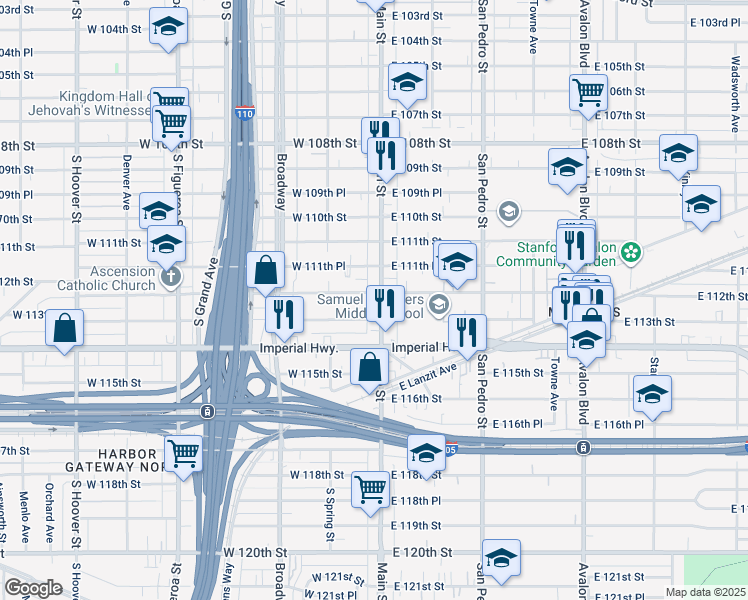 map of restaurants, bars, coffee shops, grocery stores, and more near 11116 East 112th Street in Los Angeles
