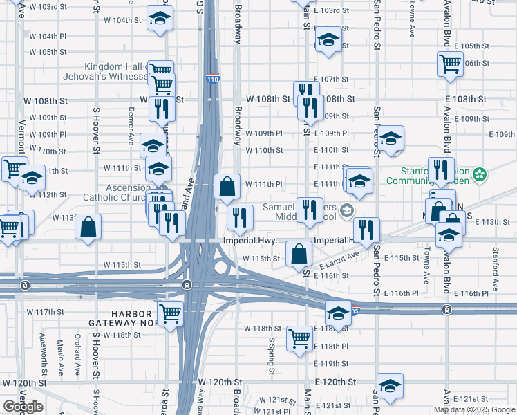 map of restaurants, bars, coffee shops, grocery stores, and more near 207 West 112th Street in Los Angeles
