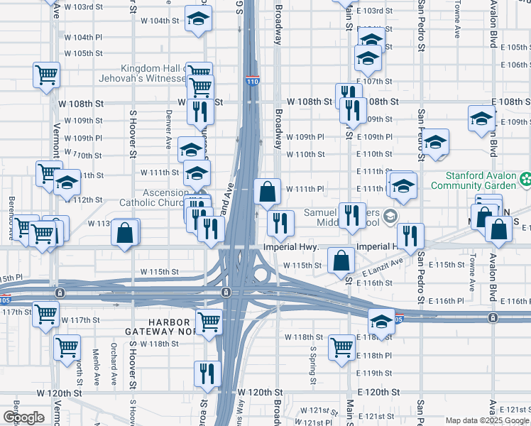 map of restaurants, bars, coffee shops, grocery stores, and more near 319 West 112th Street in Los Angeles