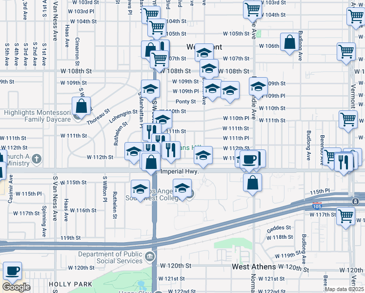 map of restaurants, bars, coffee shops, grocery stores, and more near 11129 Harvard Boulevard in Los Angeles