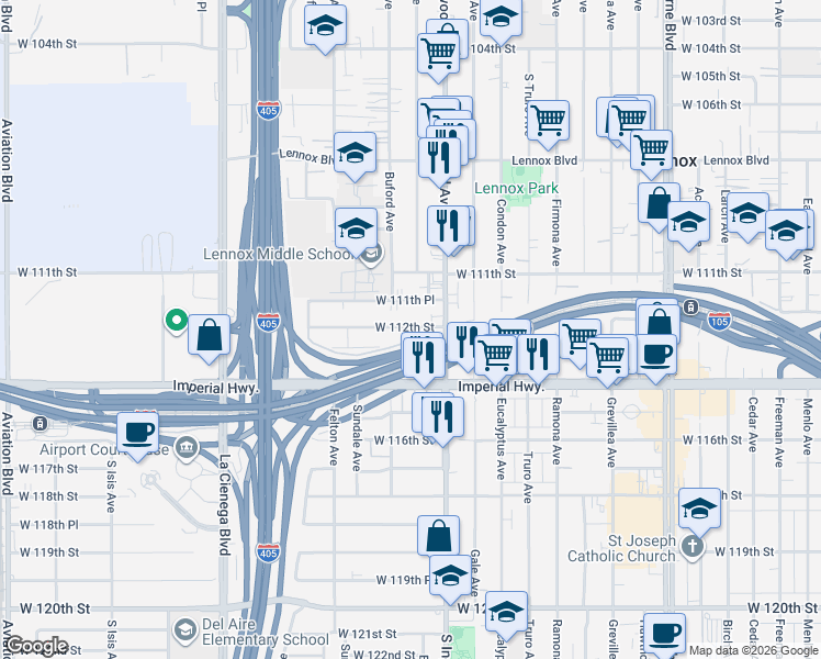 map of restaurants, bars, coffee shops, grocery stores, and more near 4819 West 112th Street in Lennox