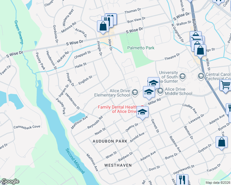 map of restaurants, bars, coffee shops, grocery stores, and more near 26 Conyers Street in Sumter