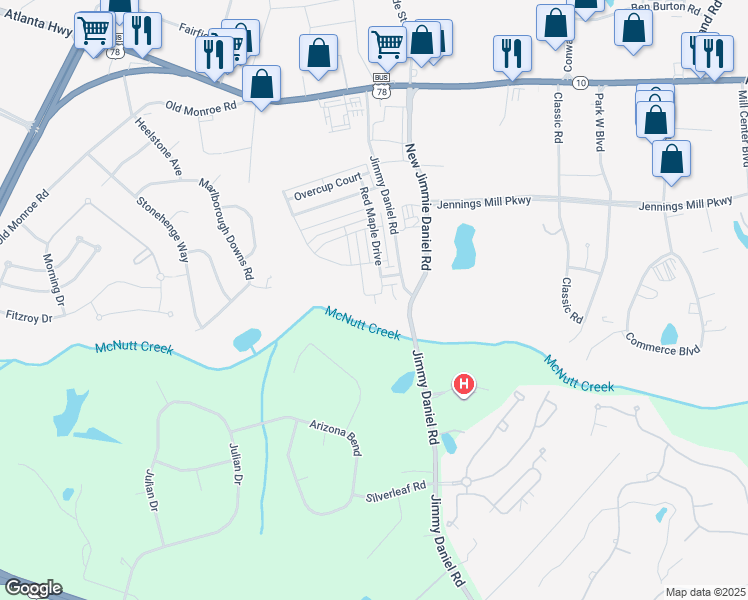 map of restaurants, bars, coffee shops, grocery stores, and more near 660 Creek Ridge Lane in Bogart