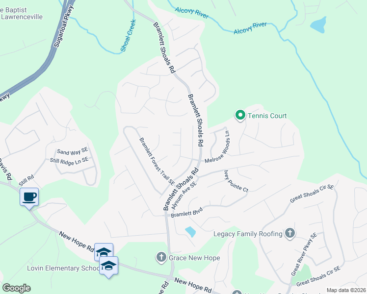 map of restaurants, bars, coffee shops, grocery stores, and more near 1255 Bramlett Creek Place Southeast in Lawrenceville