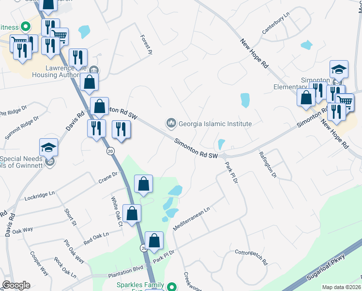 map of restaurants, bars, coffee shops, grocery stores, and more near 201 3 Oaks Drive in Lawrenceville