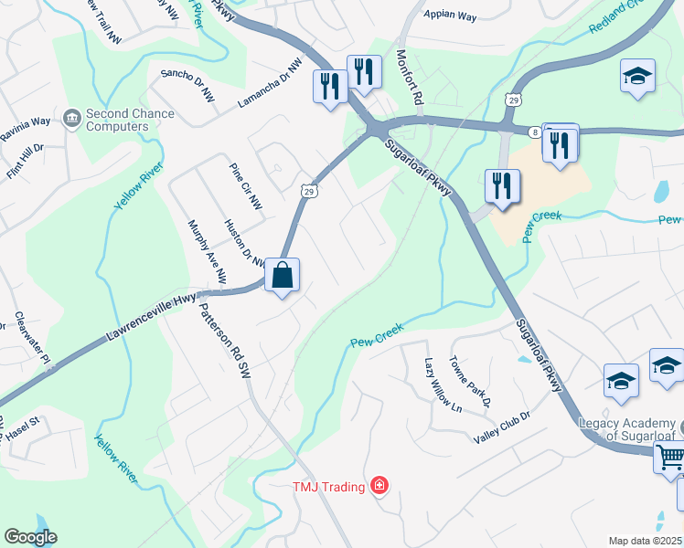 map of restaurants, bars, coffee shops, grocery stores, and more near 75 Davis Mill Court in Lawrenceville