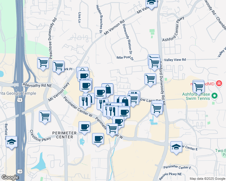 map of restaurants, bars, coffee shops, grocery stores, and more near 4636 Ridgeview Road in Atlanta