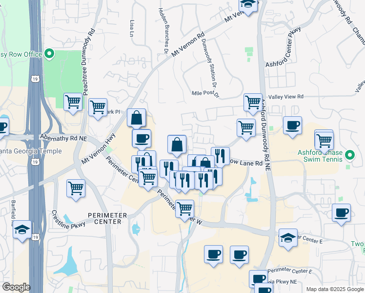 map of restaurants, bars, coffee shops, grocery stores, and more near 512 Perimeter Walk in Dunwoody
