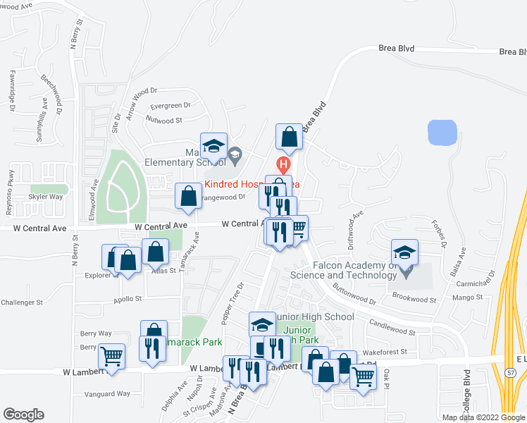 map of restaurants, bars, coffee shops, grocery stores, and more near 195 West Central Avenue in Brea