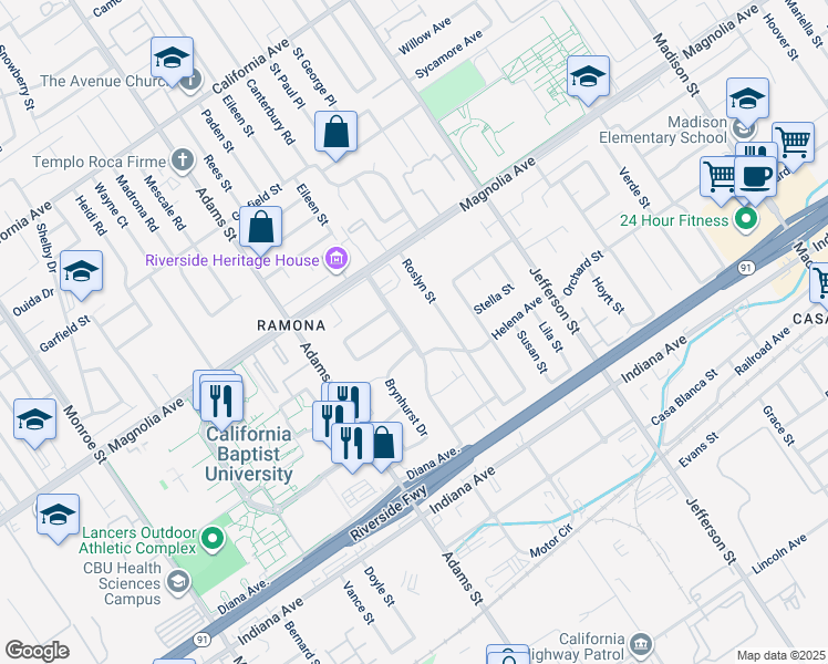 map of restaurants, bars, coffee shops, grocery stores, and more near 3679 Crowell Avenue in Riverside