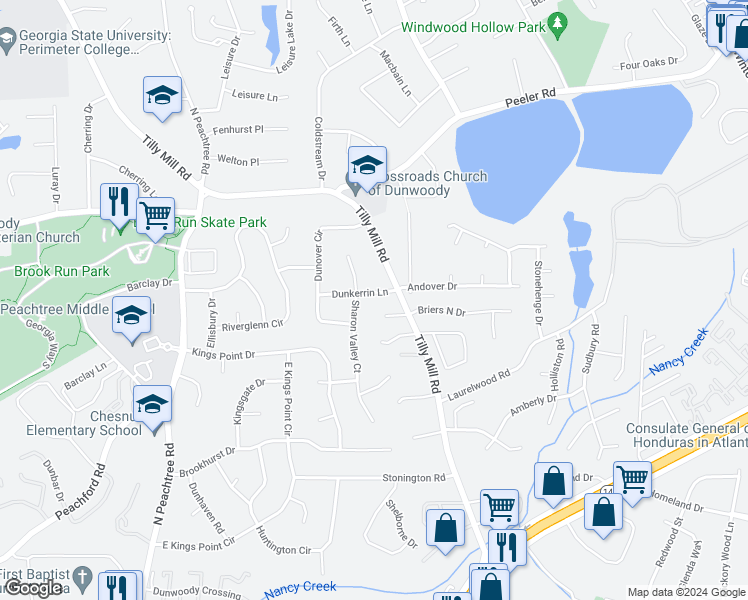 map of restaurants, bars, coffee shops, grocery stores, and more near 2469 Dunkerrin Lane in Atlanta