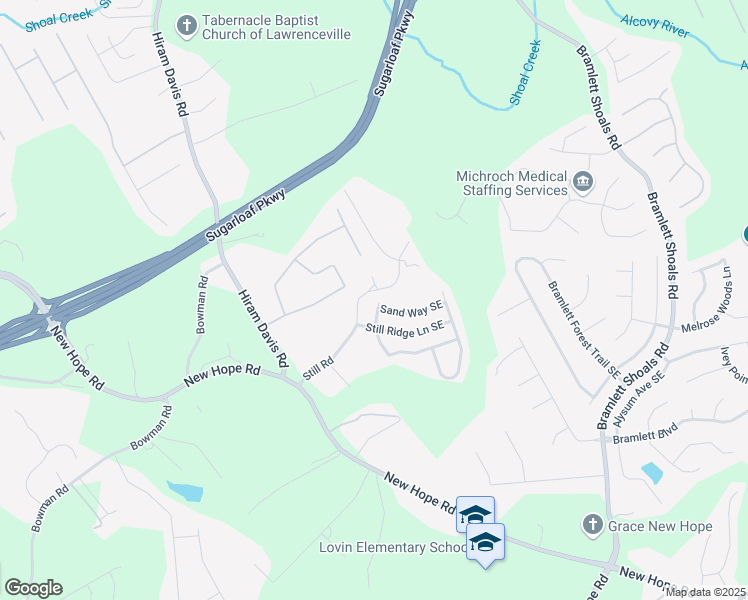 map of restaurants, bars, coffee shops, grocery stores, and more near 948 Still Hill Lane Southeast in Lawrenceville