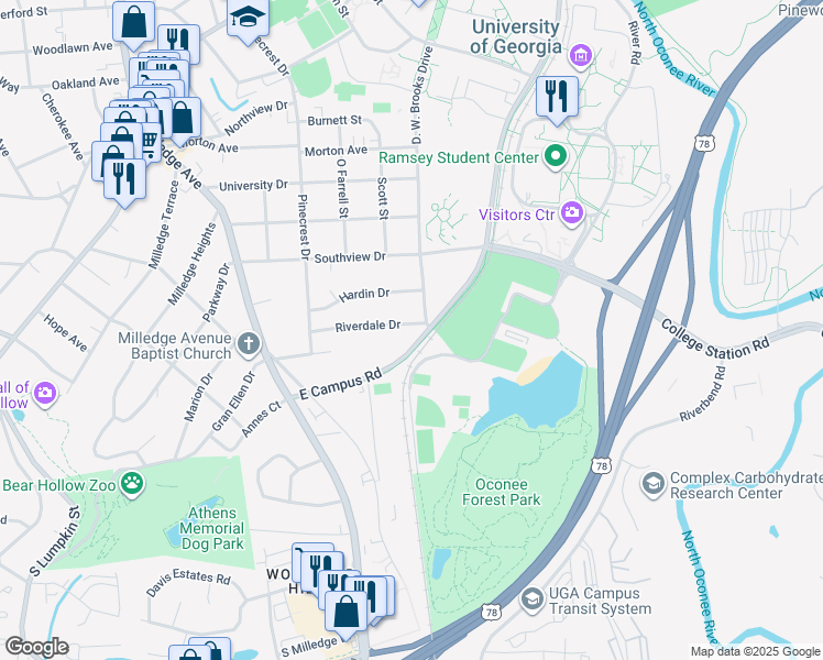 map of restaurants, bars, coffee shops, grocery stores, and more near 186 Riverdale Drive in Athens