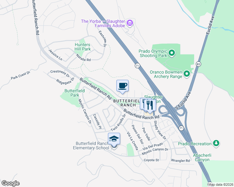 map of restaurants, bars, coffee shops, grocery stores, and more near 17660 Dandelion Lane in Chino Hills