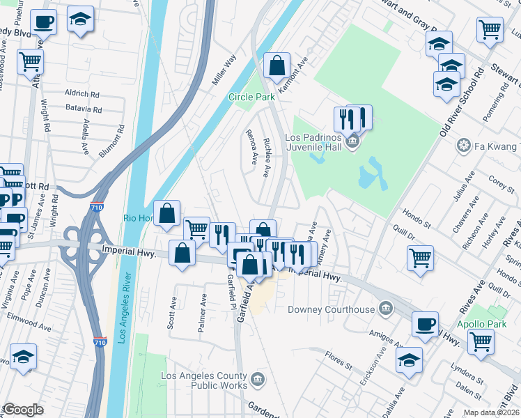 map of restaurants, bars, coffee shops, grocery stores, and more near 5700 Glady Street in South Gate