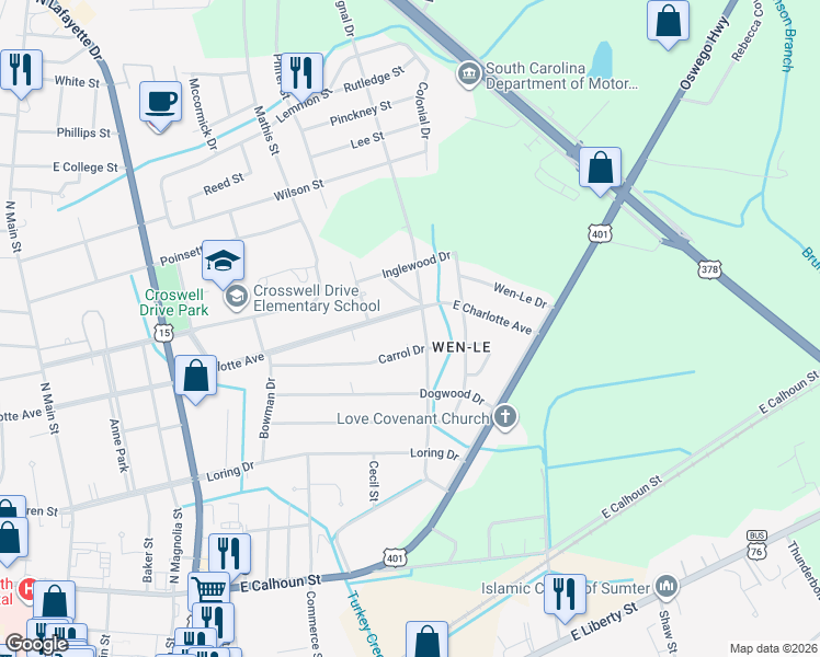 map of restaurants, bars, coffee shops, grocery stores, and more near 522 East Charlotte Avenue in Sumter