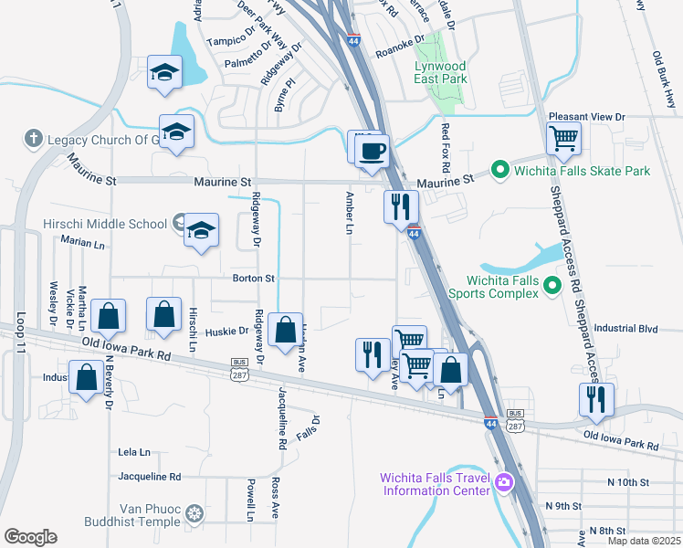 map of restaurants, bars, coffee shops, grocery stores, and more near 1400 Borton Street in Wichita Falls
