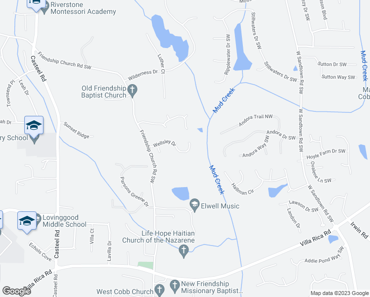 map of restaurants, bars, coffee shops, grocery stores, and more near 3506 Wellsley Drive in Powder Springs