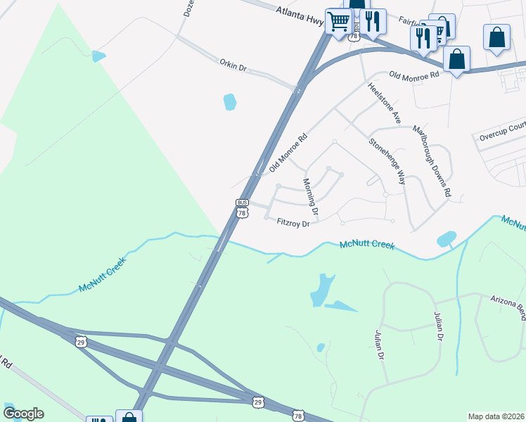 map of restaurants, bars, coffee shops, grocery stores, and more near 205 Rockwood Boulevard in Bogart