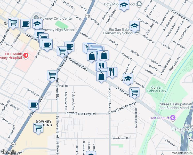 map of restaurants, bars, coffee shops, grocery stores, and more near 9240 Firestone Boulevard in Downey