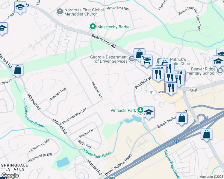 map of restaurants, bars, coffee shops, grocery stores, and more near 5155 Wexford Lane in Norcross