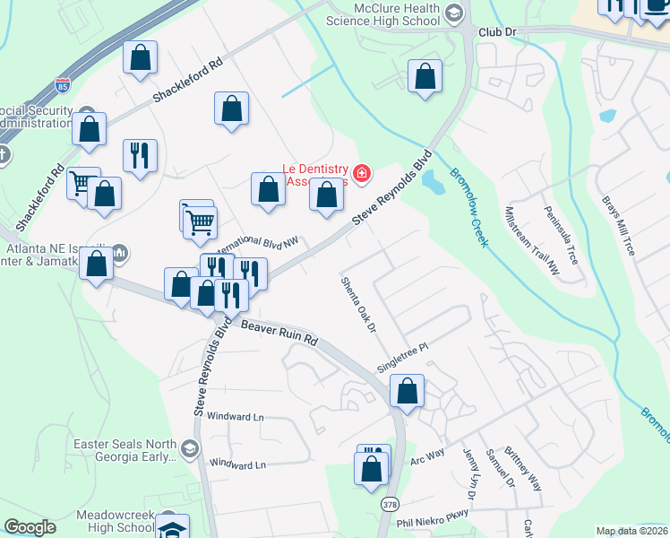 map of restaurants, bars, coffee shops, grocery stores, and more near 1468 Shenta Oak Drive in Norcross