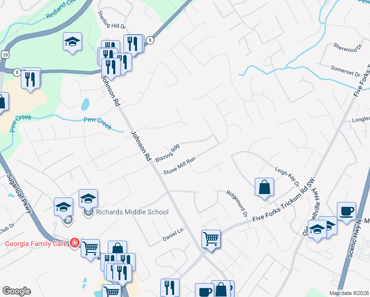 map of restaurants, bars, coffee shops, grocery stores, and more near 1118 Blazing Ridge in Lawrenceville