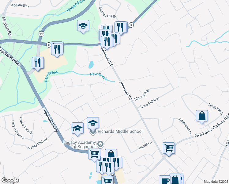 map of restaurants, bars, coffee shops, grocery stores, and more near 1192 Grayland Drive in Lawrenceville