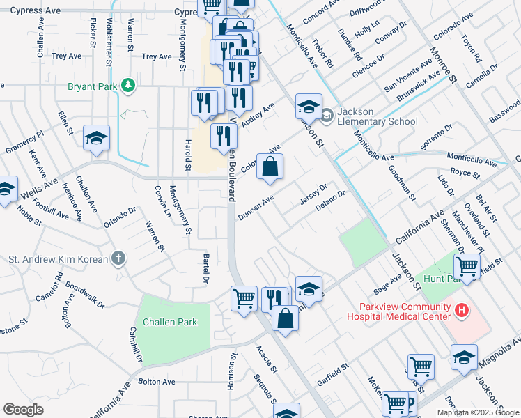 map of restaurants, bars, coffee shops, grocery stores, and more near 9341 Duncan Avenue in Riverside